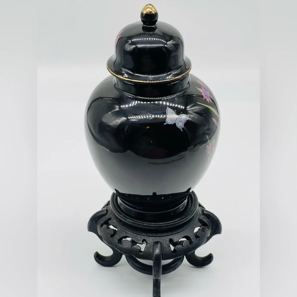 Ornate Japanese Black Glazed Ceramic Ginger Jar